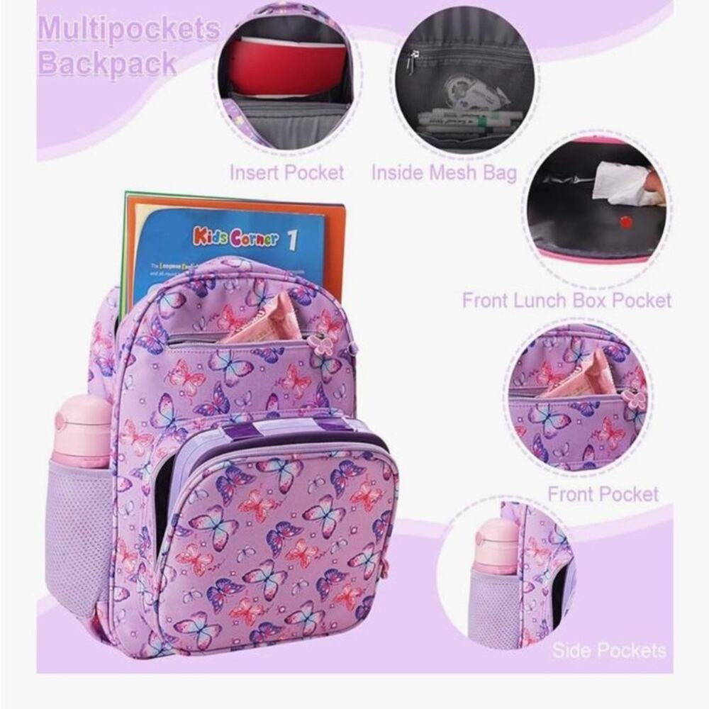 NWOT Purple & Pink Butterfly Print Kids 3-8 years old Backpack - Picture 2 of 13